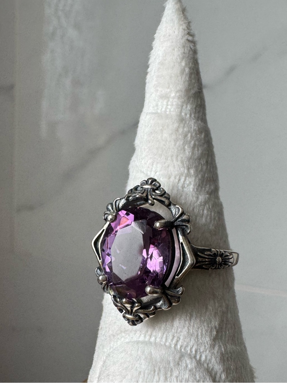 925 amethyst ring vintage 3 ct oval gemstone size 7 NO STAMP
